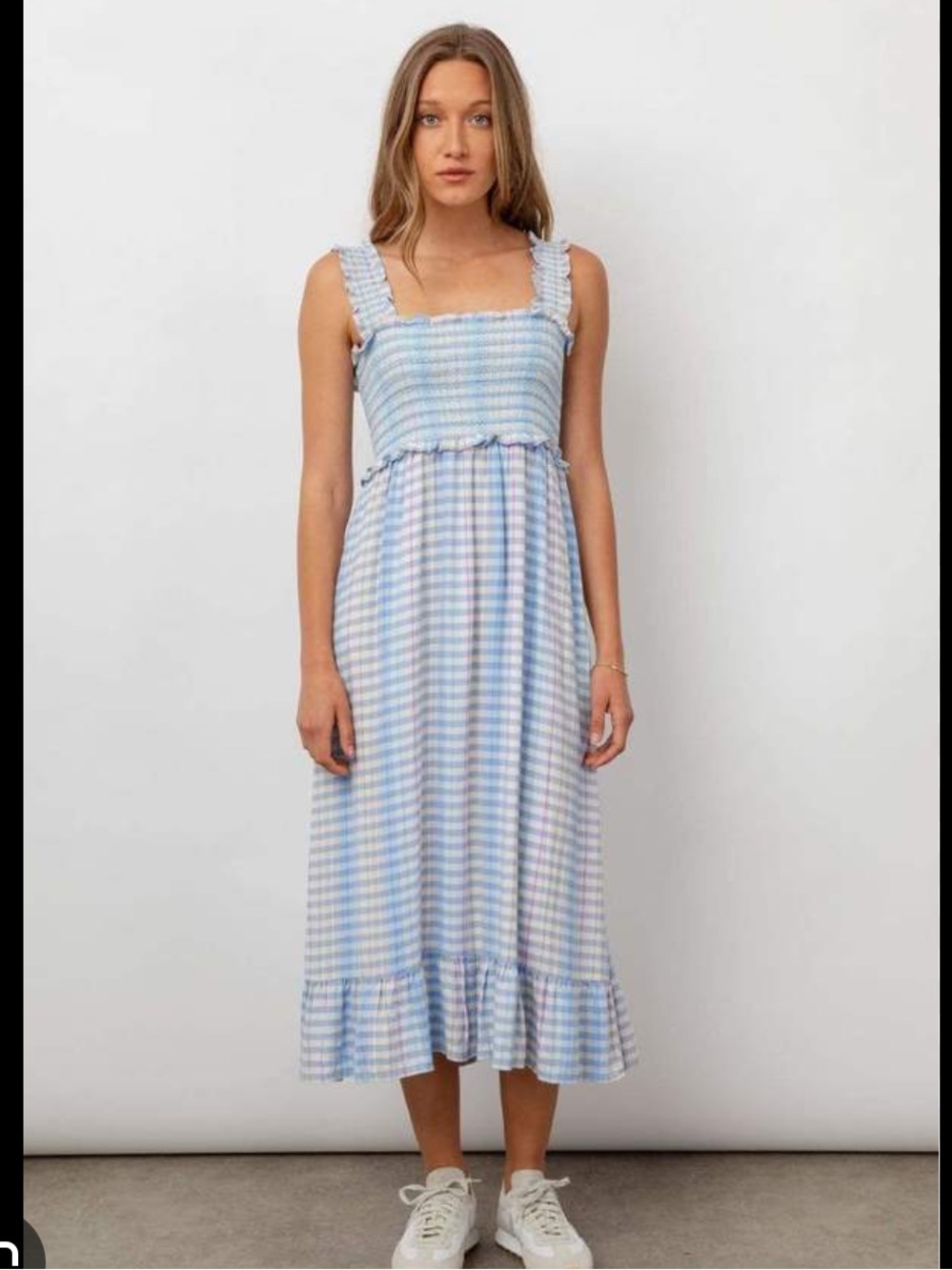 Rails Rumi Ivory Sky Cherry Gingham Plaid Smocked Linen Blend Dress Sz Large